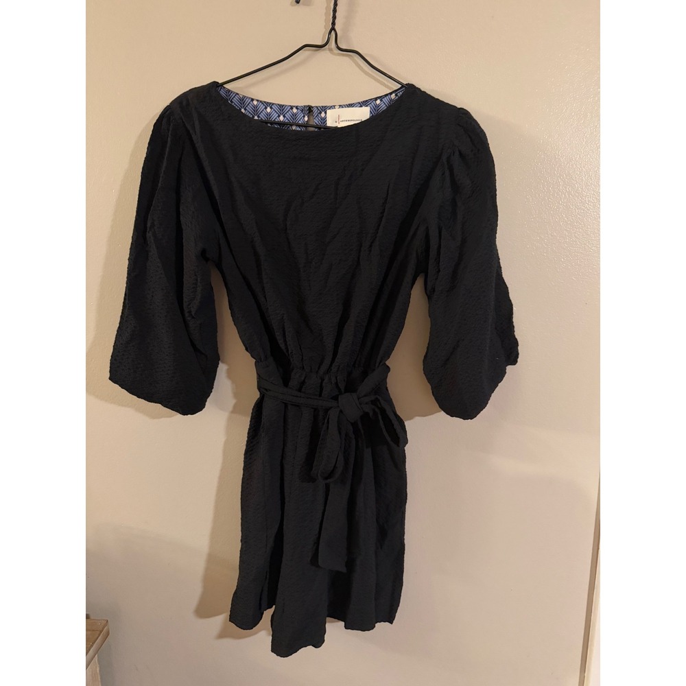 Anthropologie Black Textured Tie Waist Puff‎ Sleeve Mini romper XS Keyhole Back